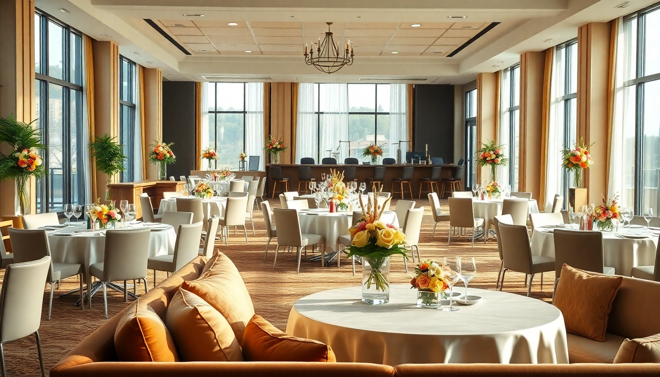 Elegant event space with sophisticated tables and natural lighting for gatherings.