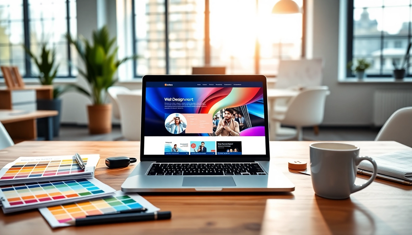 Visually engaging website design workspace featuring a laptop and design tools.