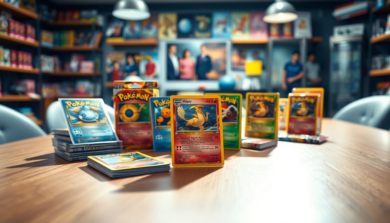 View of real pokemon cards in India along with colorful booster packs on a wooden table.