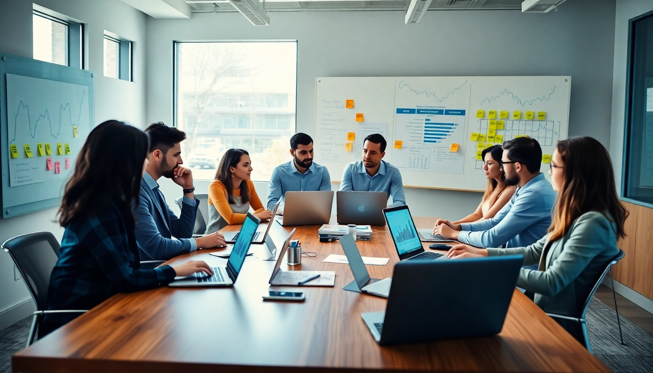 Data analysts collaborating on competitive intelligence strategies in a modern office setting.