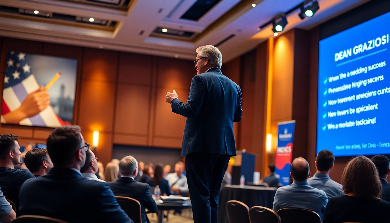 Dean Graziosi captivating an audience during a motivational speech in a bright conference setting.