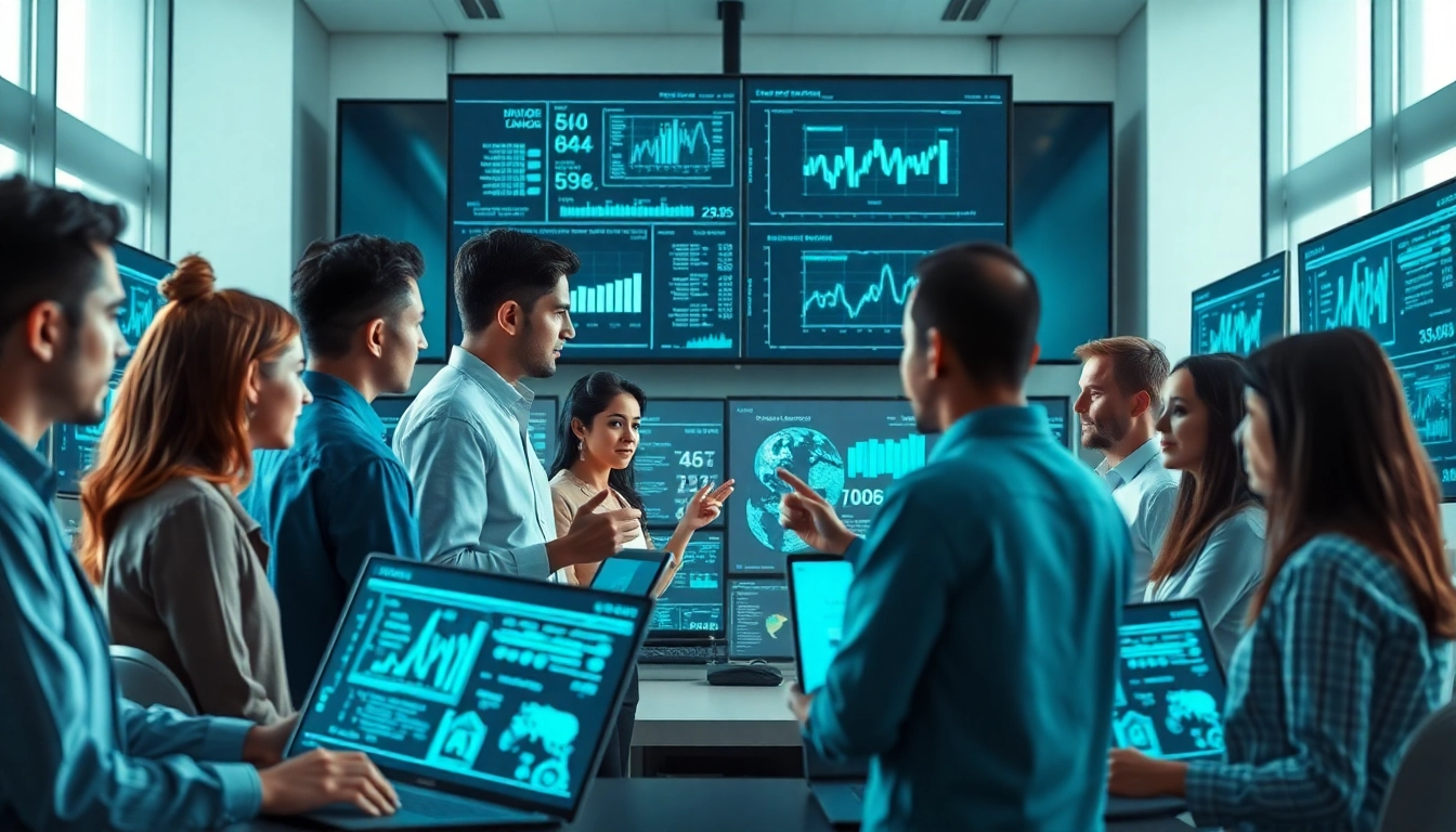 Analyze AI detection results with a team in a modern office setting surrounded by tech.