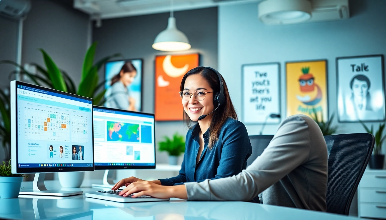 Experience a professional Virtual Answer Service with a smiling receptionist at work in a modern office.