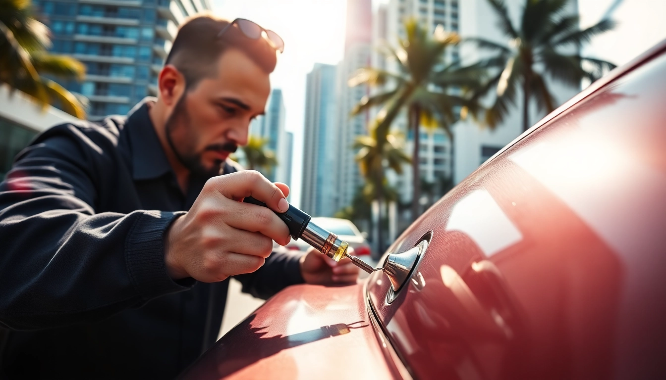 Locksmith Miami service provider working on car locks with modern tools in urban setting.