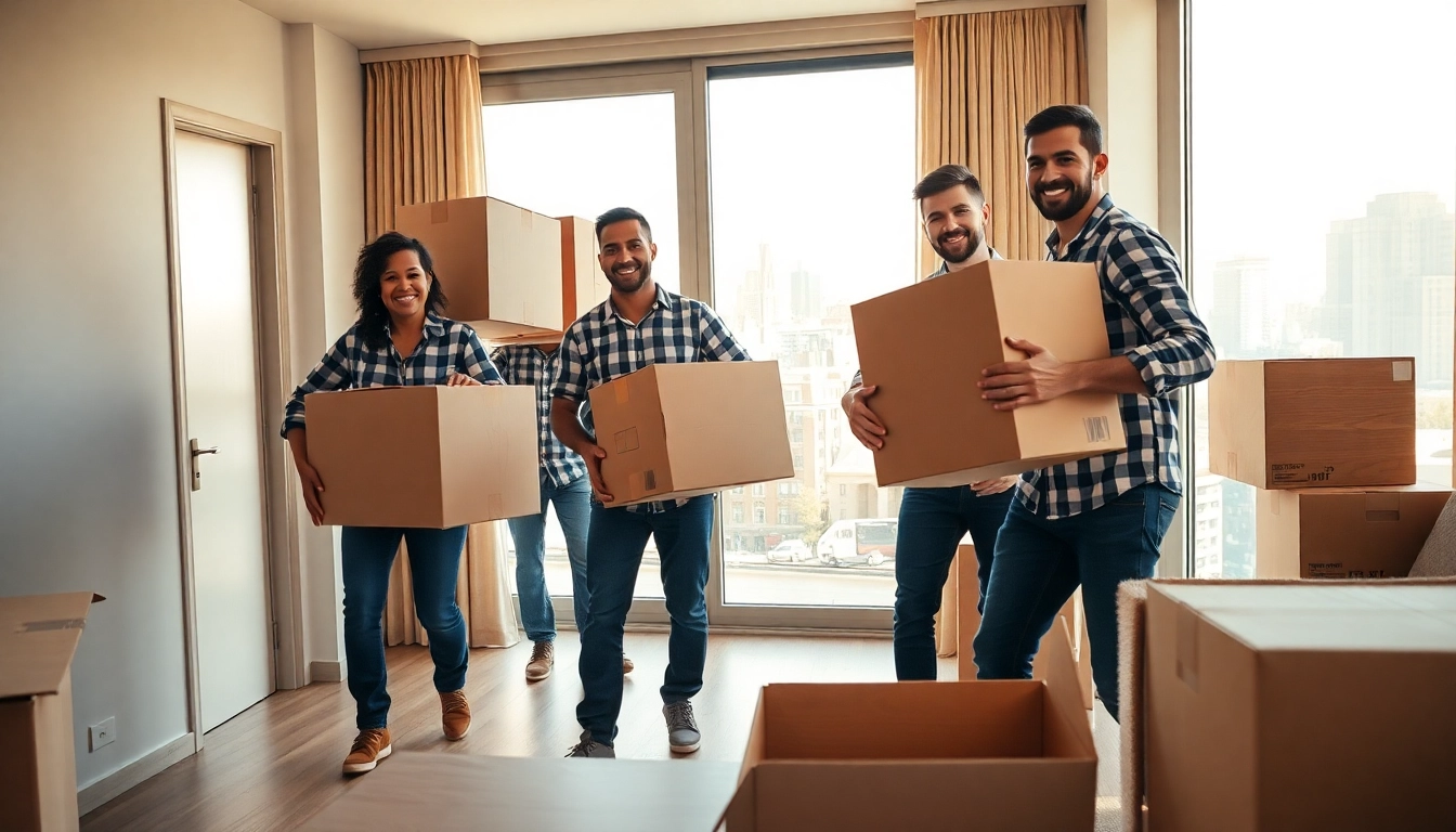 Queens movers efficiently relocating boxes into a bright urban apartment, emphasizing teamwork.