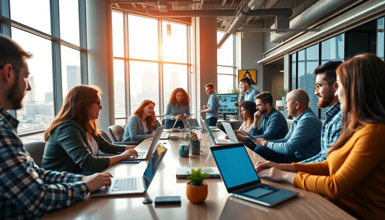 Showcasing web design companies Kansas City, a team collaborates in a vibrant office environment.