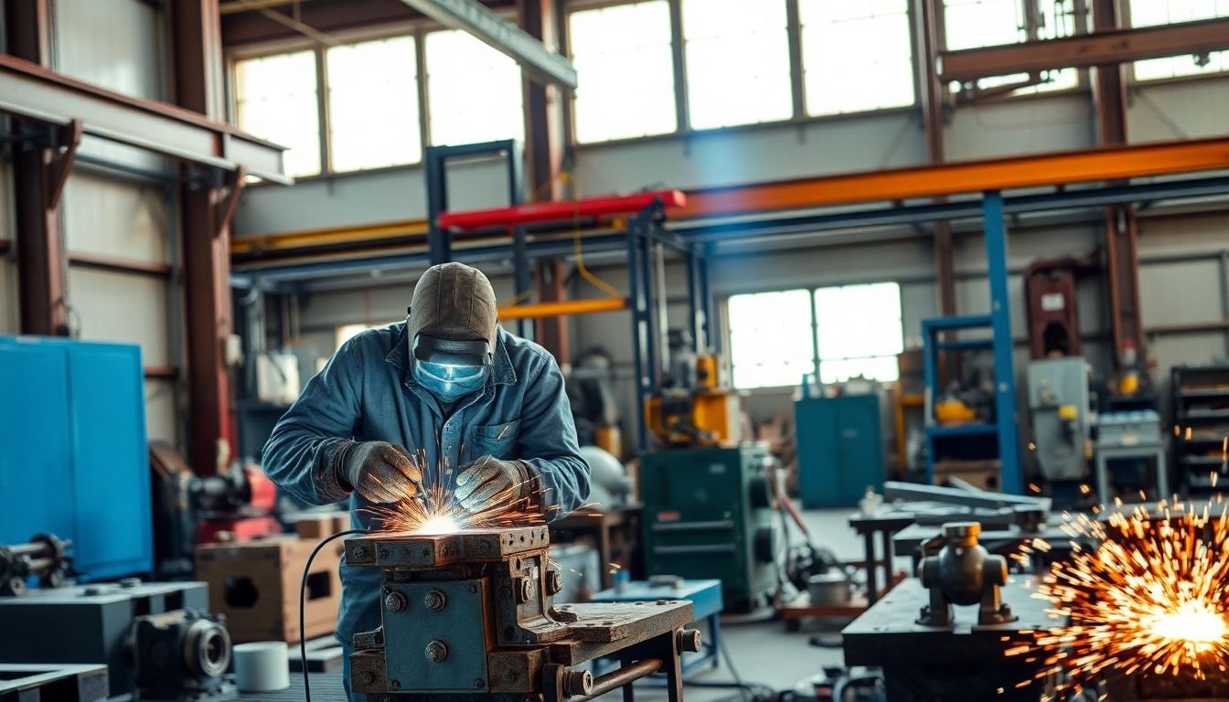 Custom steel fabrication workshop with artisans welding and heavy machinery in action.