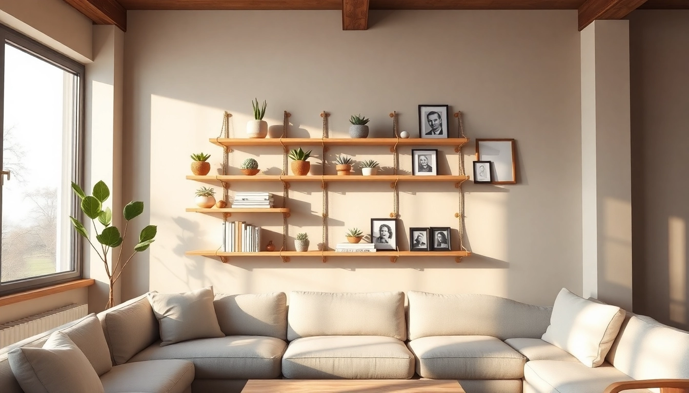 Beautifully arranged minimalist wall rack showcasing decor and adding elegance to a modern living room