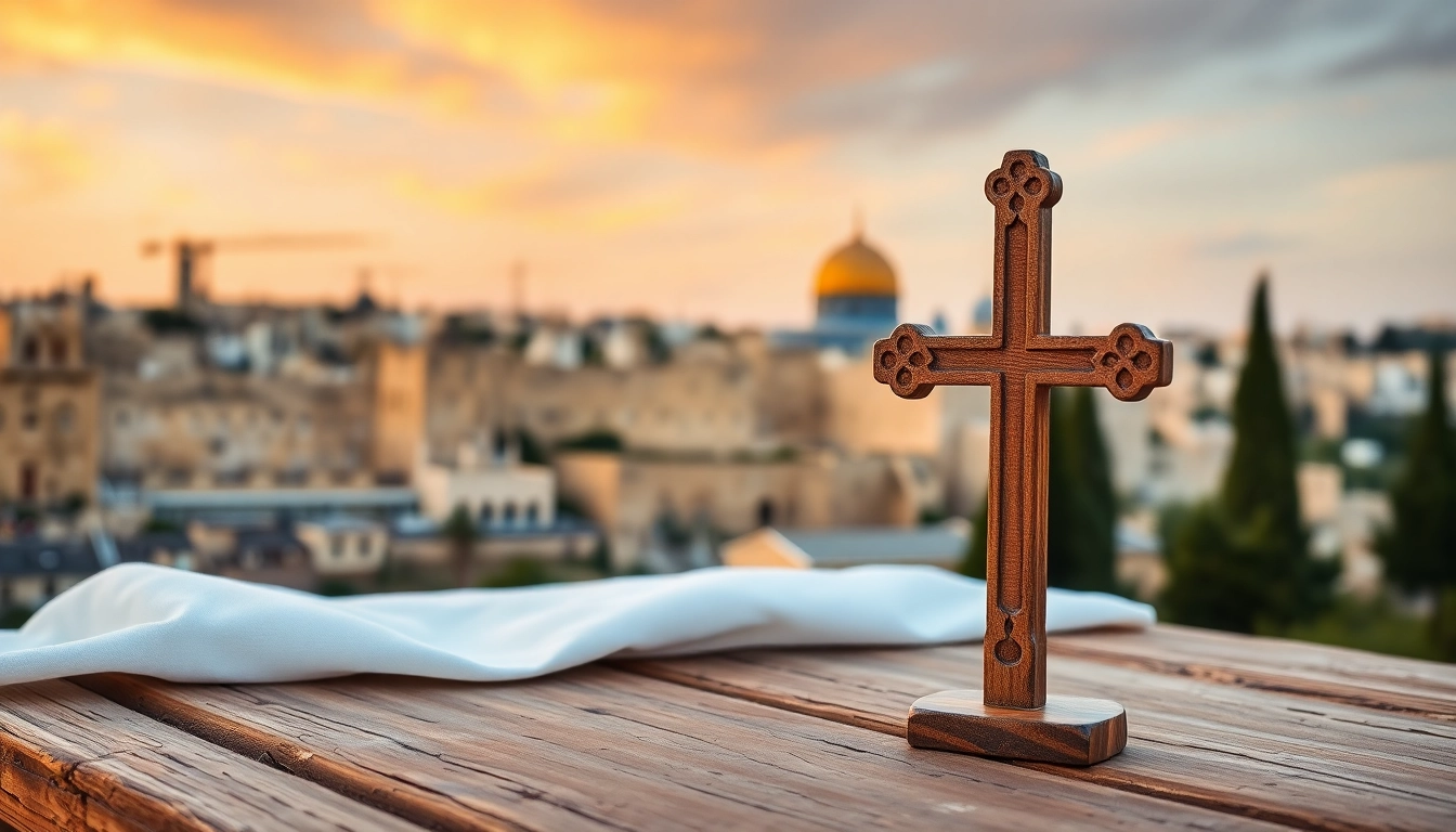 Examine intricate Jerusalem crosses symbolizing faith against a serene Jerusalem backdrop.